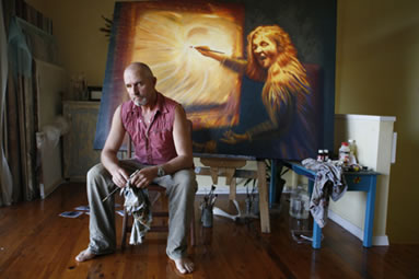 John Ogden with his portrait of Gretel Pinniger aka Madame Lash